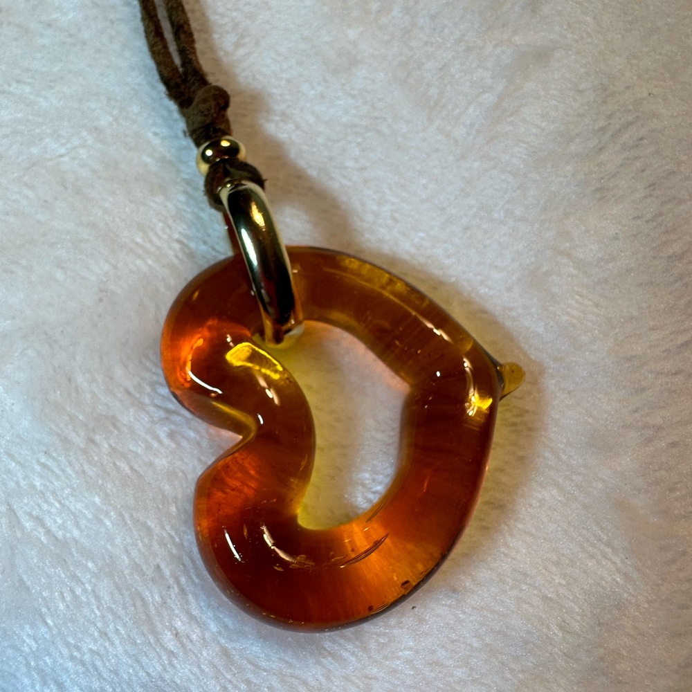 Murano glass; amber heart pendant on suede necklace - exquisite piece